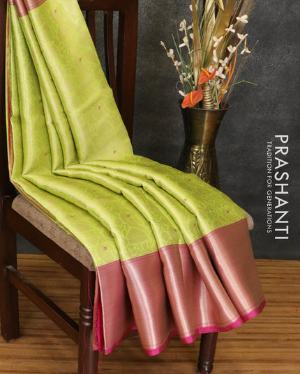 Banarasi kora saree light green and magenta pink with allover zari weaves and long zari woven border - {{ collection.title }} by Prashanti Sarees