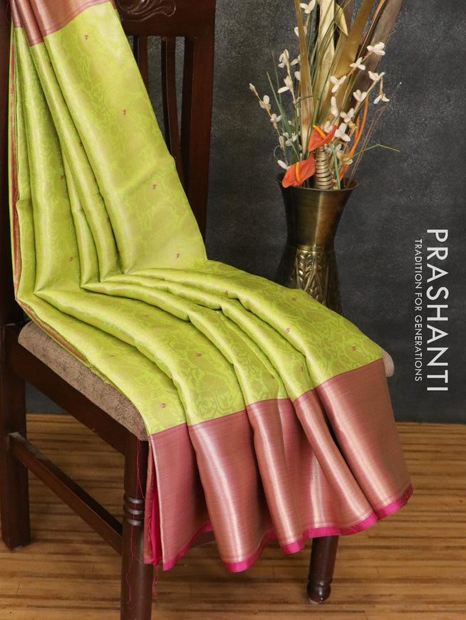 Banarasi kora saree light green and magenta pink with allover zari weaves and long zari woven border - {{ collection.title }} by Prashanti Sarees