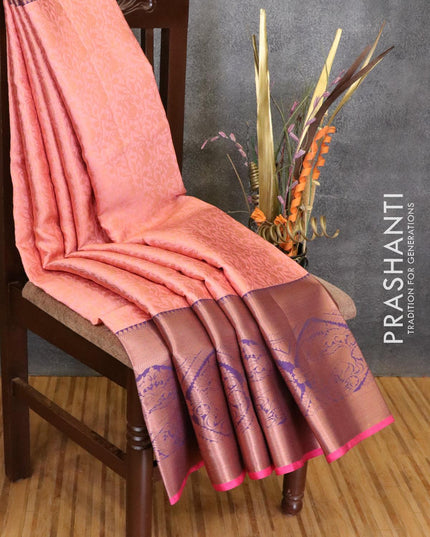 Banarasi kora saree light pink and pink with allover copper zari weaves and long copper zari woven border - {{ collection.title }} by Prashanti Sarees