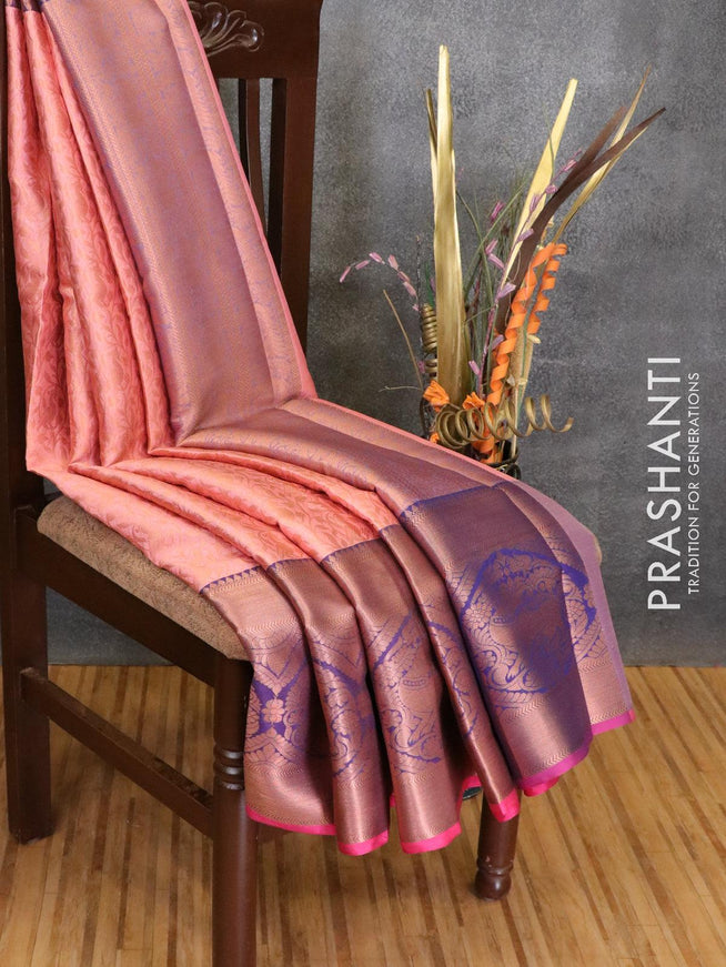 Banarasi kora saree light pink and pink with allover copper zari weaves and long copper zari woven border - {{ collection.title }} by Prashanti Sarees
