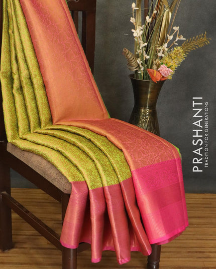 Banarasi kora saree lime green and pink with allover copper zari weaves and copper zari woven border - {{ collection.title }} by Prashanti Sarees
