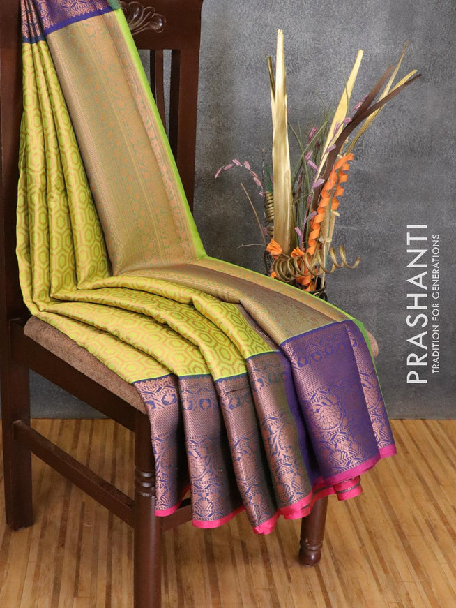 Banarasi kora saree lime green shade and pink with allover geometric zari weaves and long zari woven border - {{ collection.title }} by Prashanti Sarees
