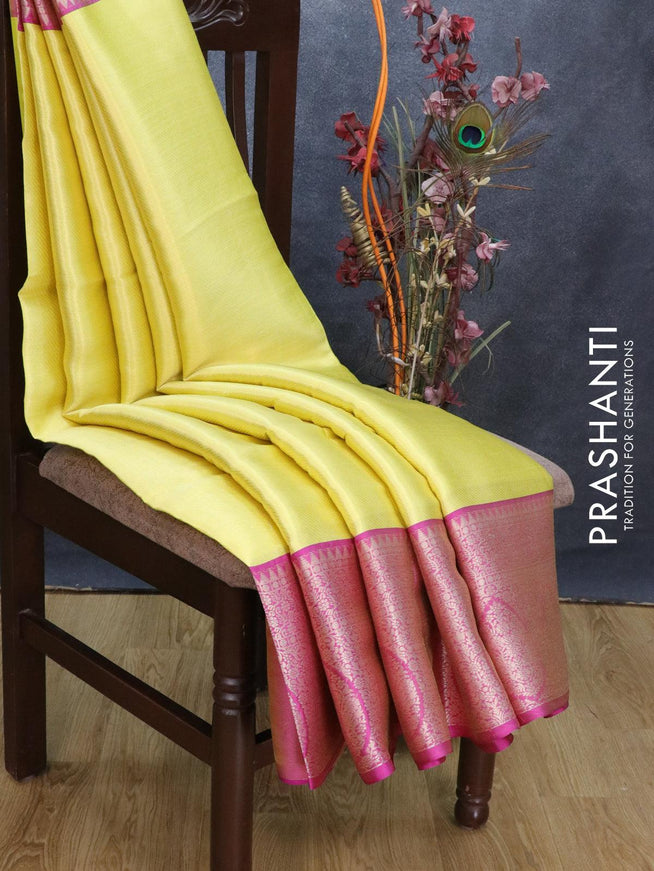 Banarasi kora saree lime yellow and magenta pink with allover zari stripe weaves and long zari woven border - {{ collection.title }} by Prashanti Sarees