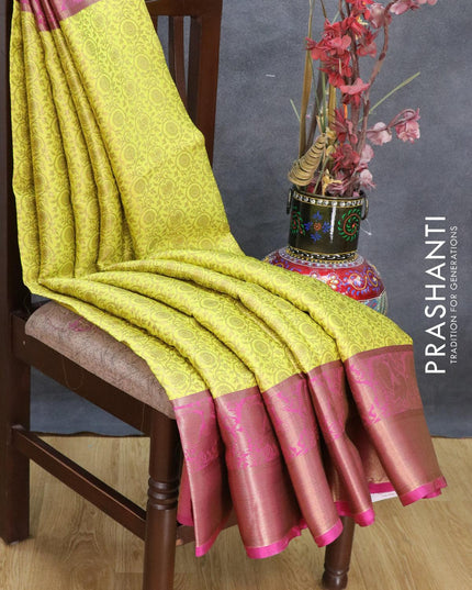 Banarasi kora saree lime yellow and magenta pink with allover zari weaves and annam zari woven border - {{ collection.title }} by Prashanti Sarees