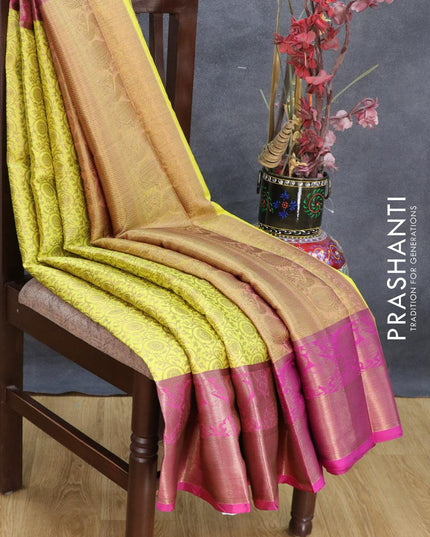 Banarasi kora saree lime yellow and magenta pink with allover zari weaves and annam zari woven border - {{ collection.title }} by Prashanti Sarees