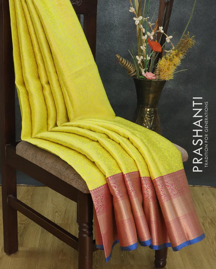 Banarasi kora saree lime yellow and magenta pink with allover zari weaves and long floral zari woven border - {{ collection.title }} by Prashanti Sarees