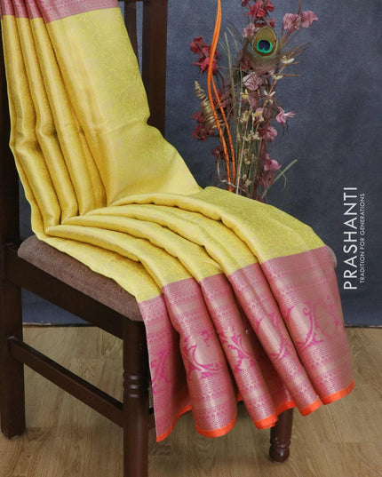 Banarasi kora saree lime yellow and magenta pink with allover zari weaves and long zari woven border - {{ collection.title }} by Prashanti Sarees
