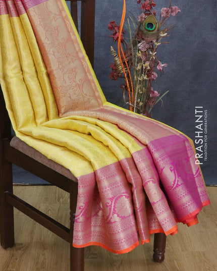 Banarasi kora saree lime yellow and magenta pink with allover zari weaves and long zari woven border - {{ collection.title }} by Prashanti Sarees
