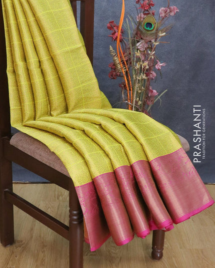 Banarasi kora saree lime yellow and magenta pink with allover zari weaves and zari woven annam border - {{ collection.title }} by Prashanti Sarees