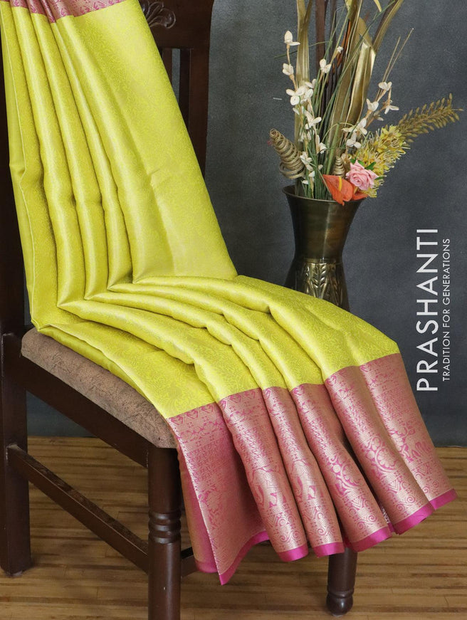 Banarasi kora saree lime yellow and magenta pink with allover zari weaves and zari woven border - {{ collection.title }} by Prashanti Sarees