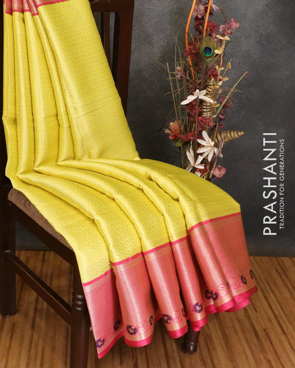 Banarasi kora saree lime yellow and pink with allover zari weaves and zari woven border - {{ collection.title }} by Prashanti Sarees