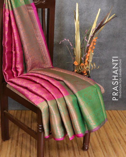 Banarasi kora saree magenta pink and green with allover copper zari weaves and annam copper zari woven border - {{ collection.title }} by Prashanti Sarees