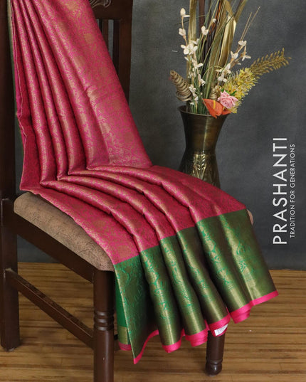 Banarasi kora saree magenta pink and green with allover floral zari weaves and zari woven border - {{ collection.title }} by Prashanti Sarees