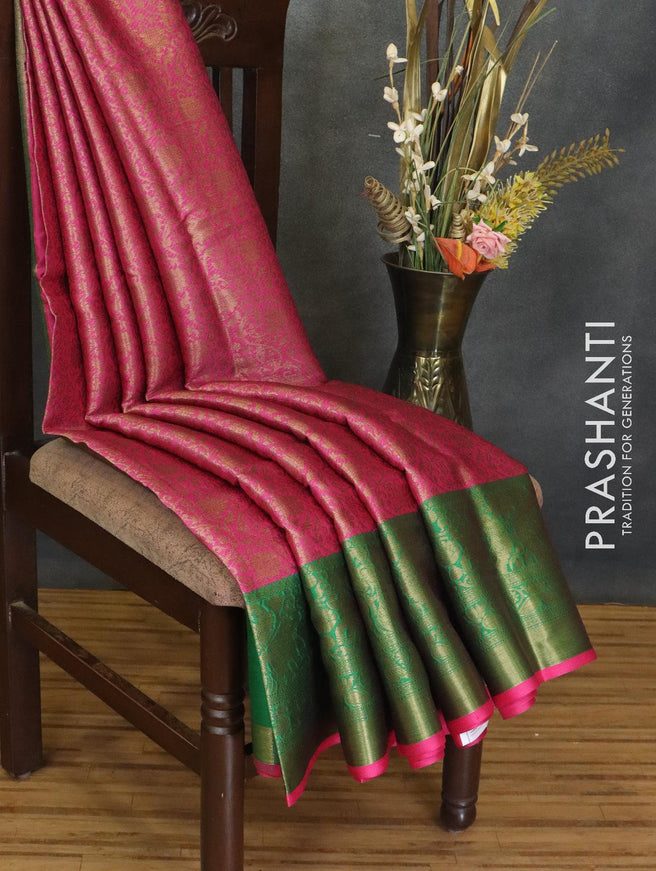Banarasi kora saree magenta pink and green with allover floral zari weaves and zari woven border - {{ collection.title }} by Prashanti Sarees