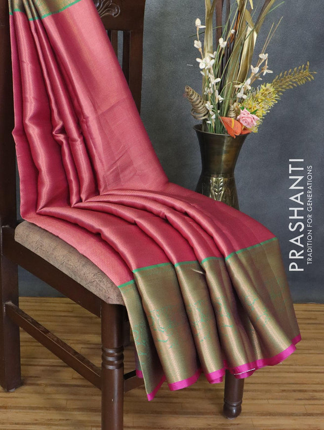 Banarasi kora saree magenta pink shade and green with allover copper zari weaves and long copper zari woven border - {{ collection.title }} by Prashanti Sarees
