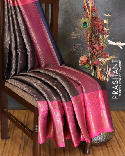 Banarasi kora saree navy blue and pink with allover zari weaves and floral zari woven border - {{ collection.title }} by Prashanti Sarees
