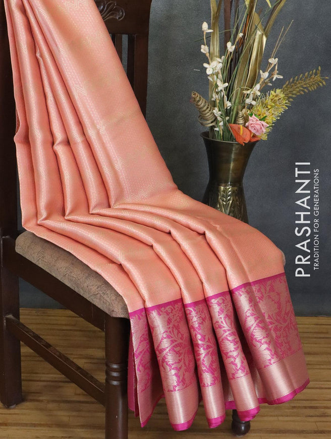 Banarasi kora saree pastel pink and pink with allover zari weaves and floral zari woven border - {{ collection.title }} by Prashanti Sarees