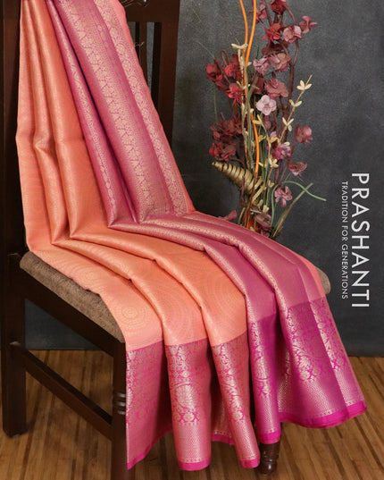 Banarasi kora saree peach and magenta with allover zari weaves and zari woven floral border - {{ collection.title }} by Prashanti Sarees