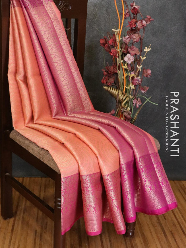 Banarasi kora saree peach and magenta with allover zari weaves and zari woven floral border - {{ collection.title }} by Prashanti Sarees