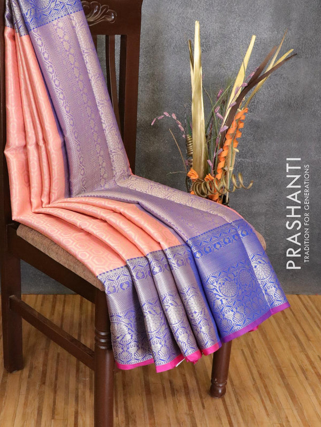 Banarasi kora saree peach pink and blue with allover geometric zari weaves and long zari woven border - {{ collection.title }} by Prashanti Sarees