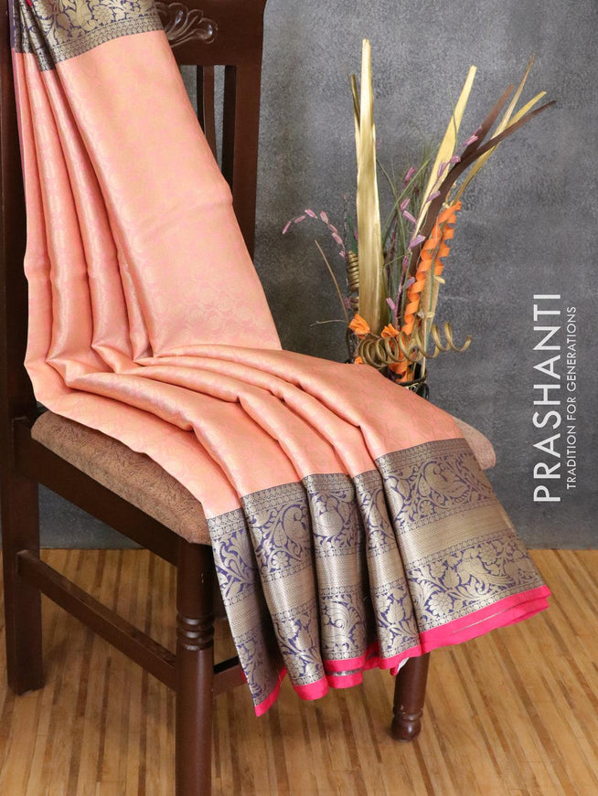 Banarasi kora saree peach pink and blue with allover zari weaves and annam zari woven border - {{ collection.title }} by Prashanti Sarees