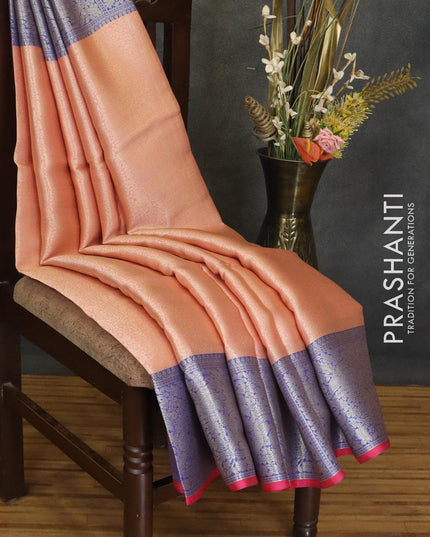 Banarasi kora saree peach pink and blue with allover zari weaves and zari woven border - {{ collection.title }} by Prashanti Sarees