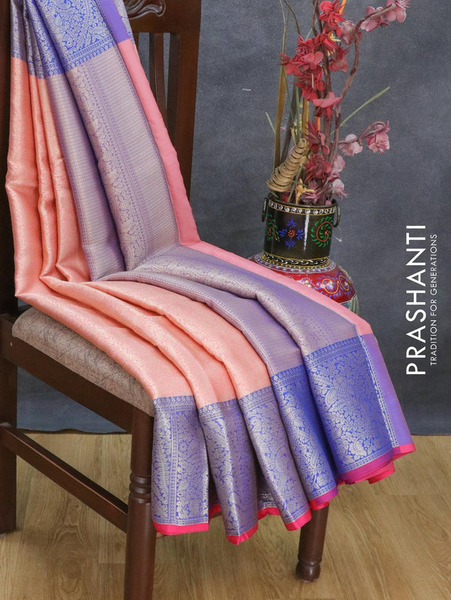 Banarasi kora saree peach pink and blue with allover zari weaves and zari woven border - {{ collection.title }} by Prashanti Sarees