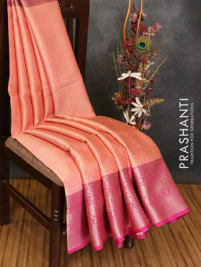 Banarasi kora saree peach pink and pink with allover geometric zari weaves and zari woven border - {{ collection.title }} by Prashanti Sarees