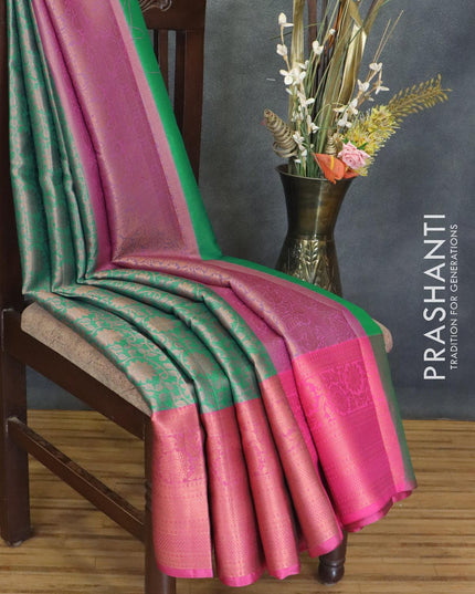 Banarasi kora saree peacock green and pink with allover copper zari weaves and long copper zari woven border - {{ collection.title }} by Prashanti Sarees