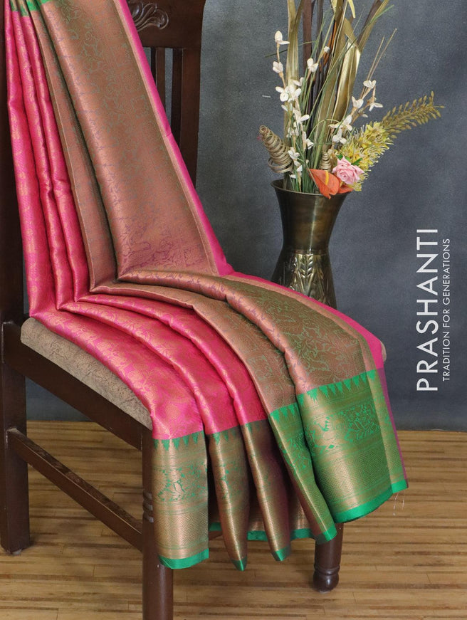 Banarasi kora saree pink and green with allover copper zari weaves and copper zari woven border - {{ collection.title }} by Prashanti Sarees
