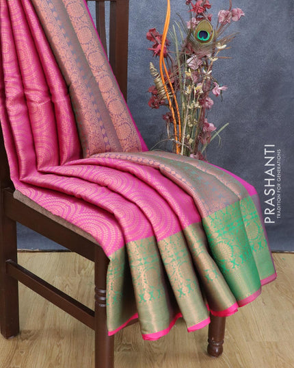 Banarasi kora saree pink and green with allover zari weaves and floral zari woven border - {{ collection.title }} by Prashanti Sarees