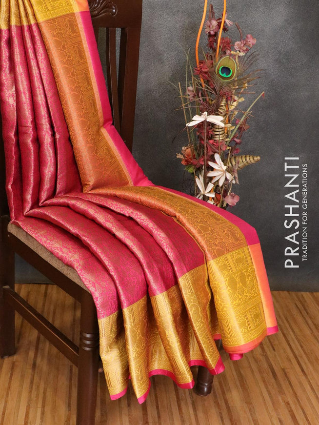 Banarasi kora saree pink and yellow with allover copper zari weaves and annam zari woven border - {{ collection.title }} by Prashanti Sarees
