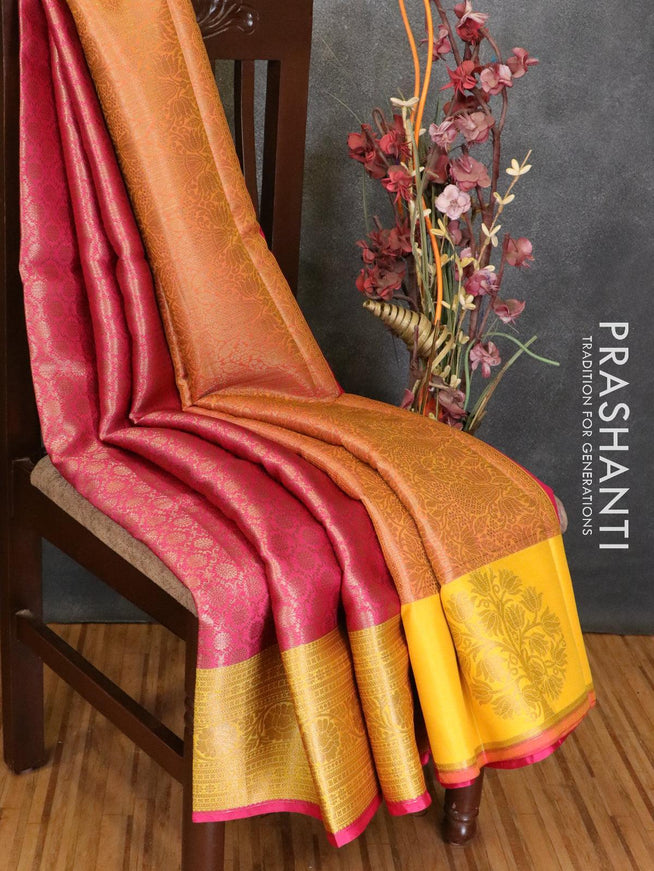 Banarasi kora saree pink and yellow with allover zai weaves and zari woven floral border - {{ collection.title }} by Prashanti Sarees