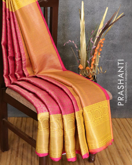 Banarasi kora saree pink and yellow with allover zari weaves and floral zari woven border - {{ collection.title }} by Prashanti Sarees