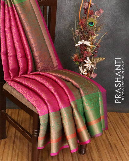Banarasi kora saree purple and green with allover copper zari weaves and long annam copper zari woven border - {{ collection.title }} by Prashanti Sarees