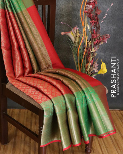 Banarasi kora saree red and green with allover zari weaves and long zari woven border - {{ collection.title }} by Prashanti Sarees
