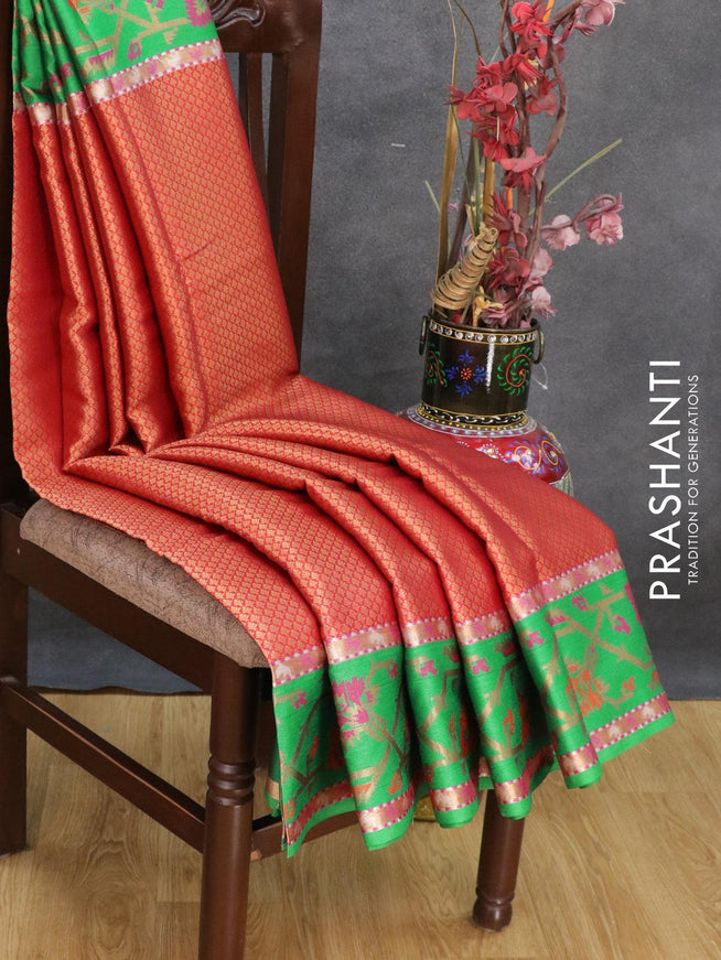 Banarasi kora saree red and green with zari woven buttas and zari woven paithani border - {{ collection.title }} by Prashanti Sarees