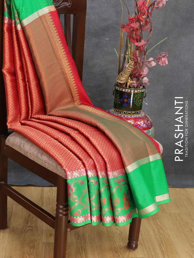 Banarasi kora saree red and green with zari woven buttas and zari woven paithani border - {{ collection.title }} by Prashanti Sarees