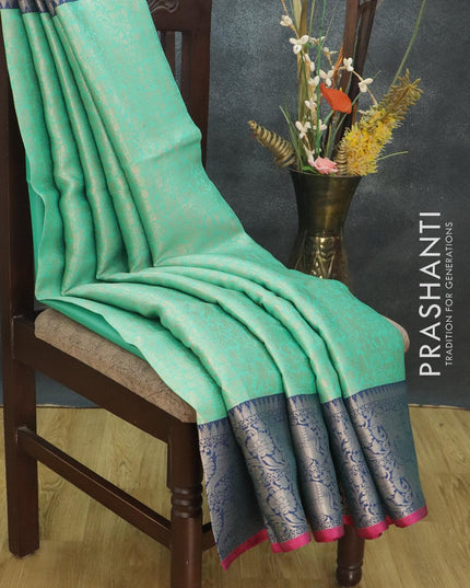 Banarasi kora saree teal blue and blue with allover zari weaves and long rich zari woven border - {{ collection.title }} by Prashanti Sarees