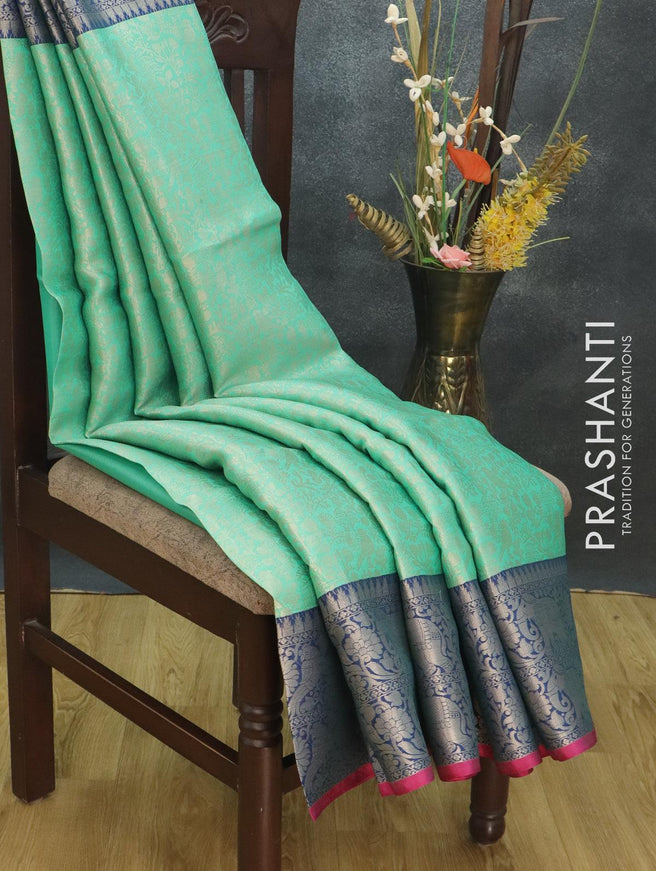 Banarasi kora saree teal blue and blue with allover zari weaves and long rich zari woven border - {{ collection.title }} by Prashanti Sarees