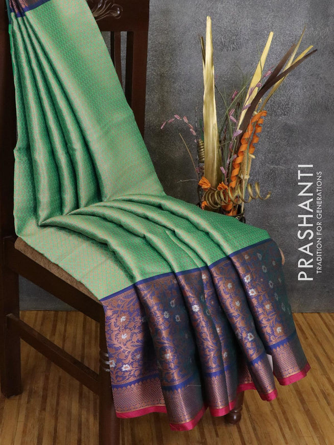 Banarasi kora saree teal green and blue with allover copper zari weaves and long copper zari woven border - {{ collection.title }} by Prashanti Sarees