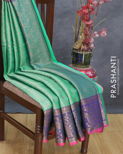 Banarasi kora saree teal green and blue with allover zari checks & buttas and peacock zari woven border - {{ collection.title }} by Prashanti Sarees