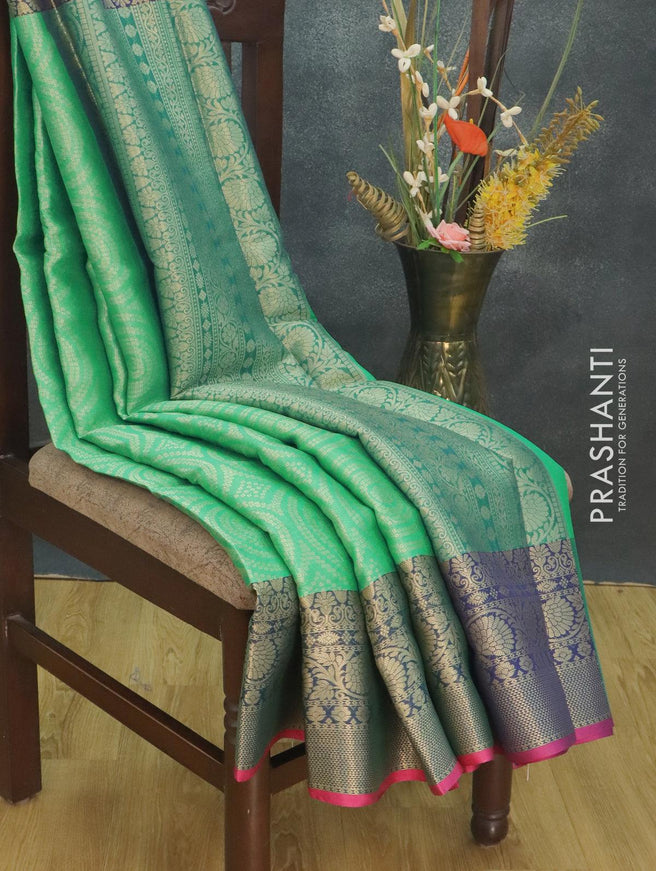 Banarasi kora saree teal green and blue with allover zari weaves and floral zari woven border - {{ collection.title }} by Prashanti Sarees