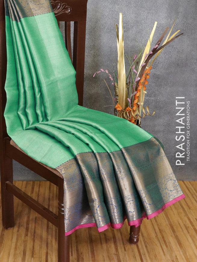 Banarasi kora saree teal green and blue with allover zari weaves and long zari woven border - {{ collection.title }} by Prashanti Sarees