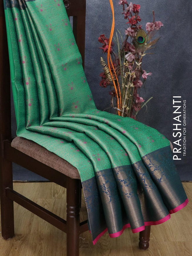 Banarasi kora saree teal green and blue with allover zari weaves and zari woven border - {{ collection.title }} by Prashanti Sarees