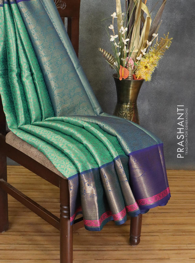 Banarasi kora saree teal green and blue with allover zari weaves and zari woven border - {{ collection.title }} by Prashanti Sarees