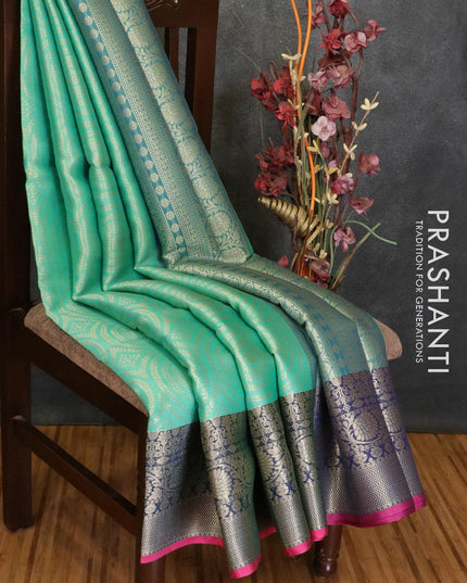 Banarasi kora saree teal green and blue with allover zari weaves and zari woven floral border - {{ collection.title }} by Prashanti Sarees