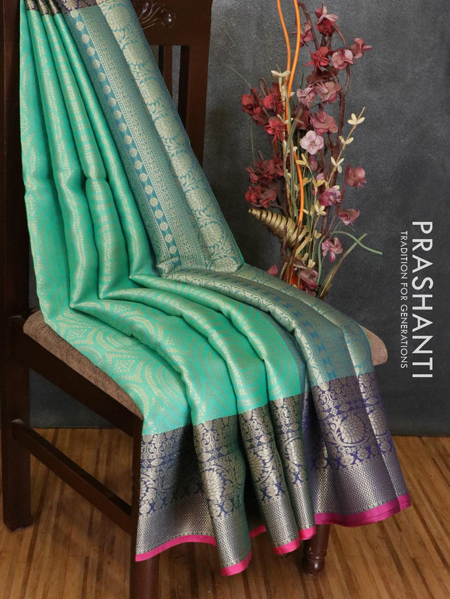 Banarasi kora saree teal green and blue with allover zari weaves and zari woven floral border - {{ collection.title }} by Prashanti Sarees