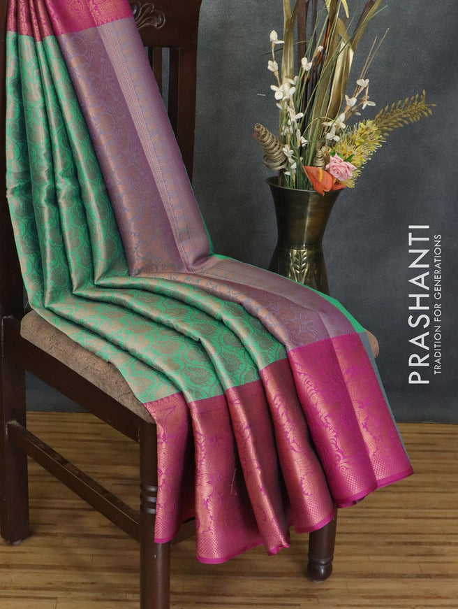 Banarasi kora saree teal green and magenta pink with allover annam copper zari weaves and long copper zari woven border - {{ collection.title }} by Prashanti Sarees