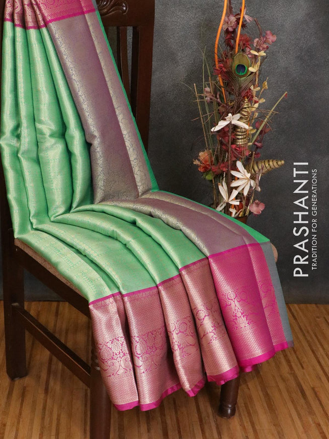Banarasi kora saree teal green and magenta pink with allover zari weaves and long zari woven border - {{ collection.title }} by Prashanti Sarees